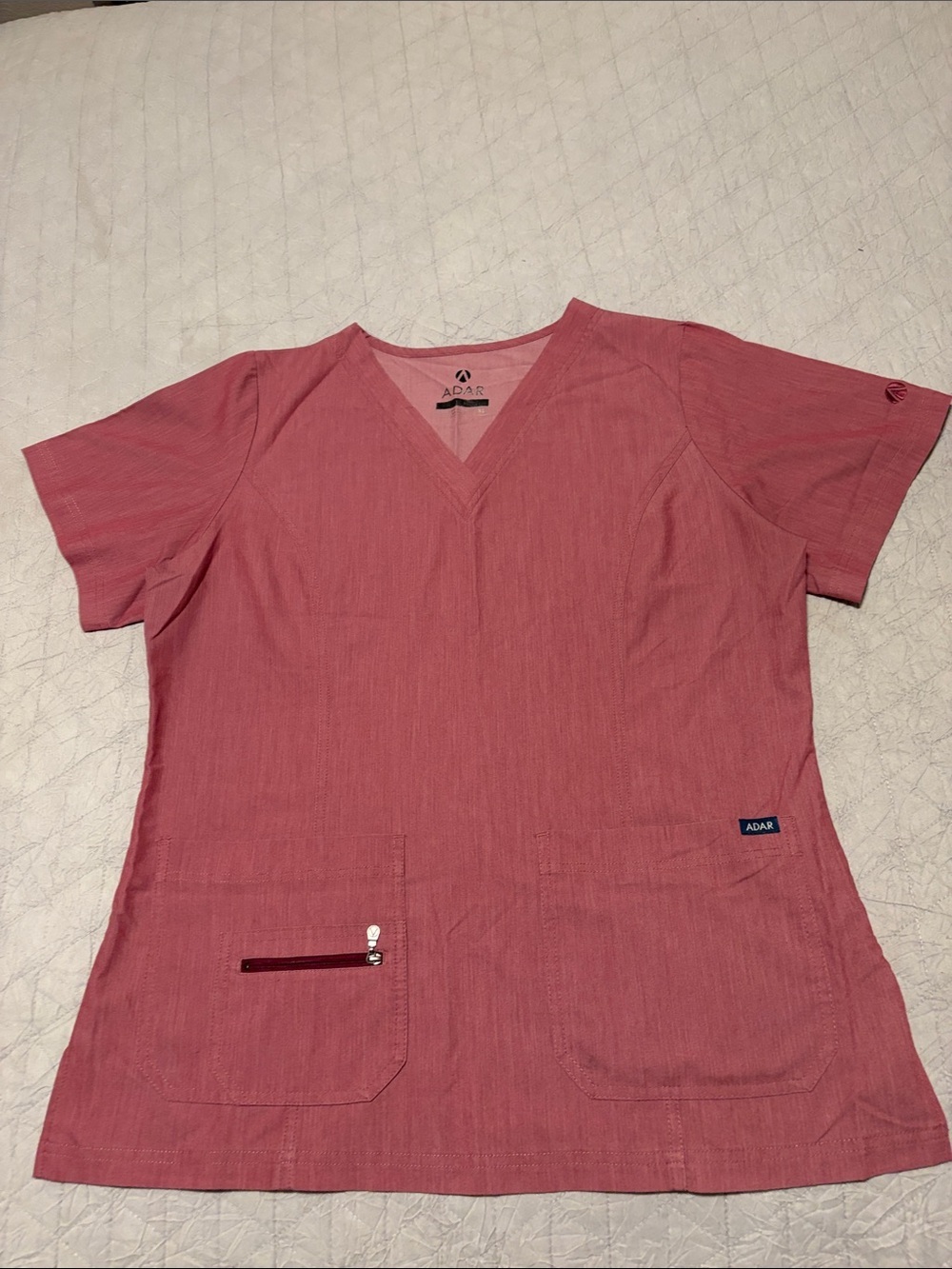 ADAR Coral Pink V-Neck Scrub Top with Front Pockets